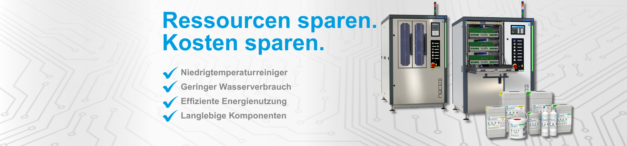 Titelbild mit kolb Anlagen und Reinigern. Daneben Begründung warum Ressourcen sparen auch Kosten sparen bedeutet.