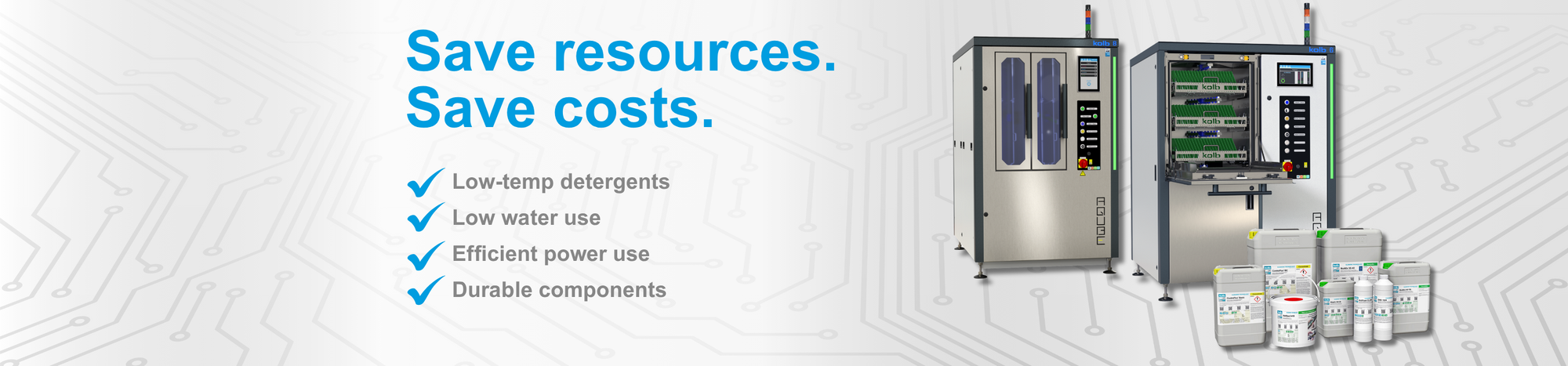 Image with kolb systems and detergents with reasoning that saving resources  equals saving costs