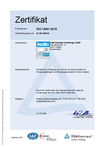 Vorschau des aktuellen TÜV-Zertifikats DIN ISO 14001:2015 für kolb