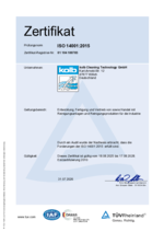 Vorschau des aktuellen TÜV-Zertifikats DIN ISO 14001:2015 für kolb